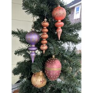 VTG Blown Glass Purple Pink And Gold Egg Round Stacked Shaped Ornaments Lot Of 5